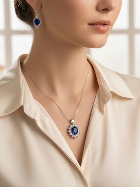 Vintage Silver-Tone Necklace and Earring Set with Royal Blue Gems